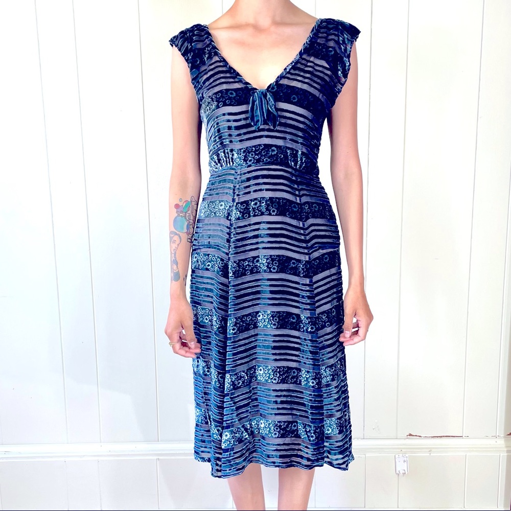 Beautiful Sheer Blue Velvet Striped A-Line Dress